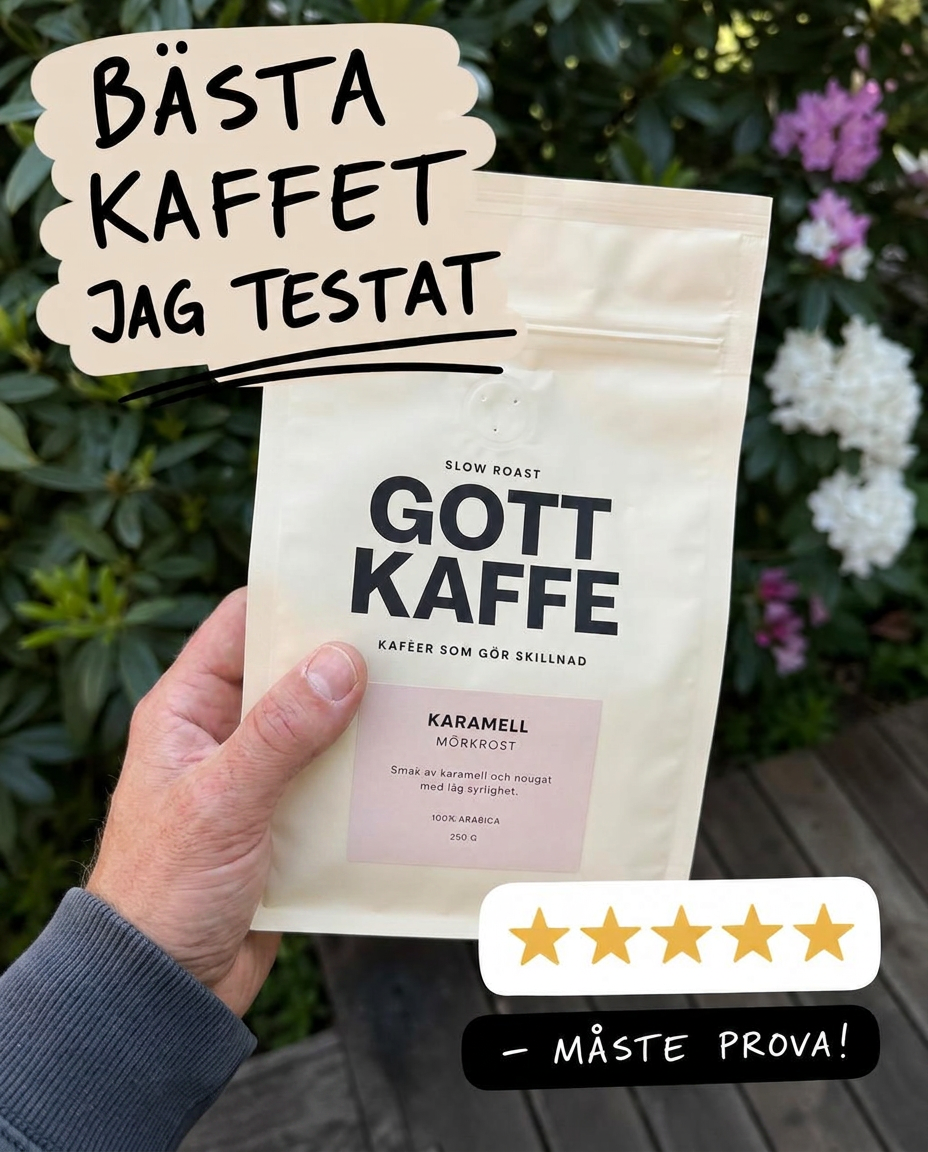 UGC-inspirerad annons med kaffepåse och omdöme